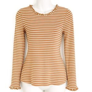 Croft & Barrow Women’s Burnt Orange Striped Ruffle Neck Puff Long Sleeve Top